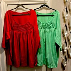 2 - Woman Within  34/36 4X women’s shirts. 1 red 1 green. Washed never worn